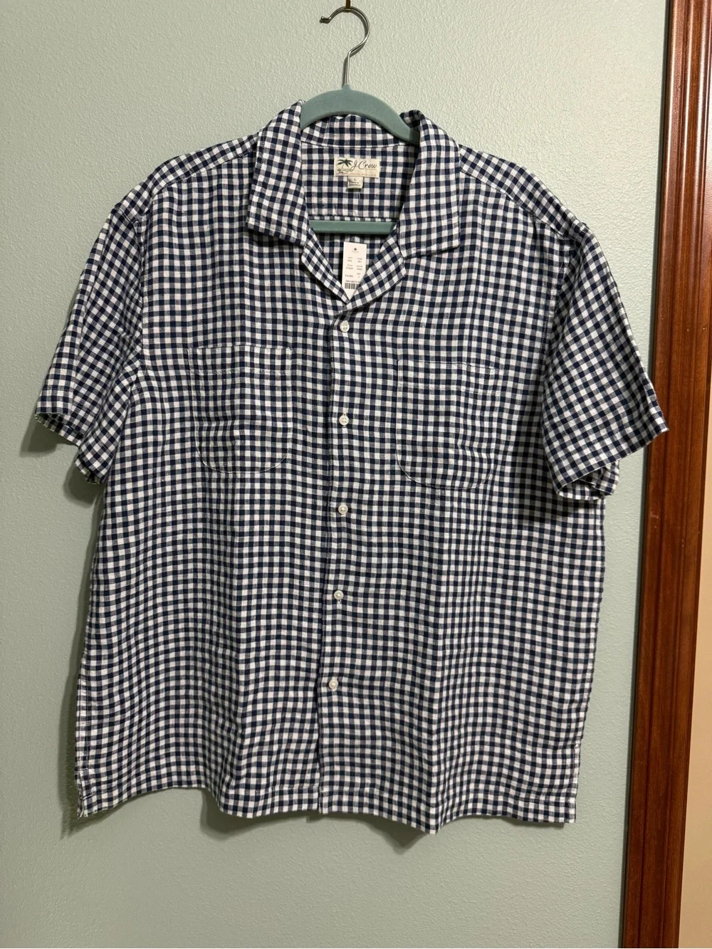 J. Crew Navy and White Gingham Short-Sleeve Button-Down Shirt Size L